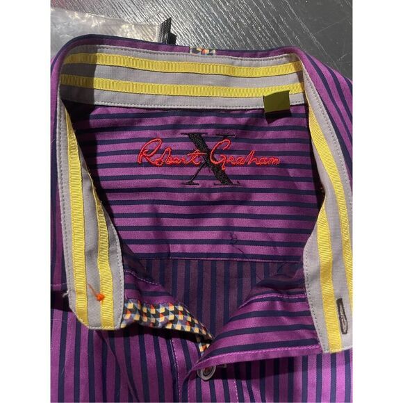 Men’s Robert Graham Purple Navy Striped Contrasting Cuff Long Sleeve Shirt Size - Picture 7 of 12
